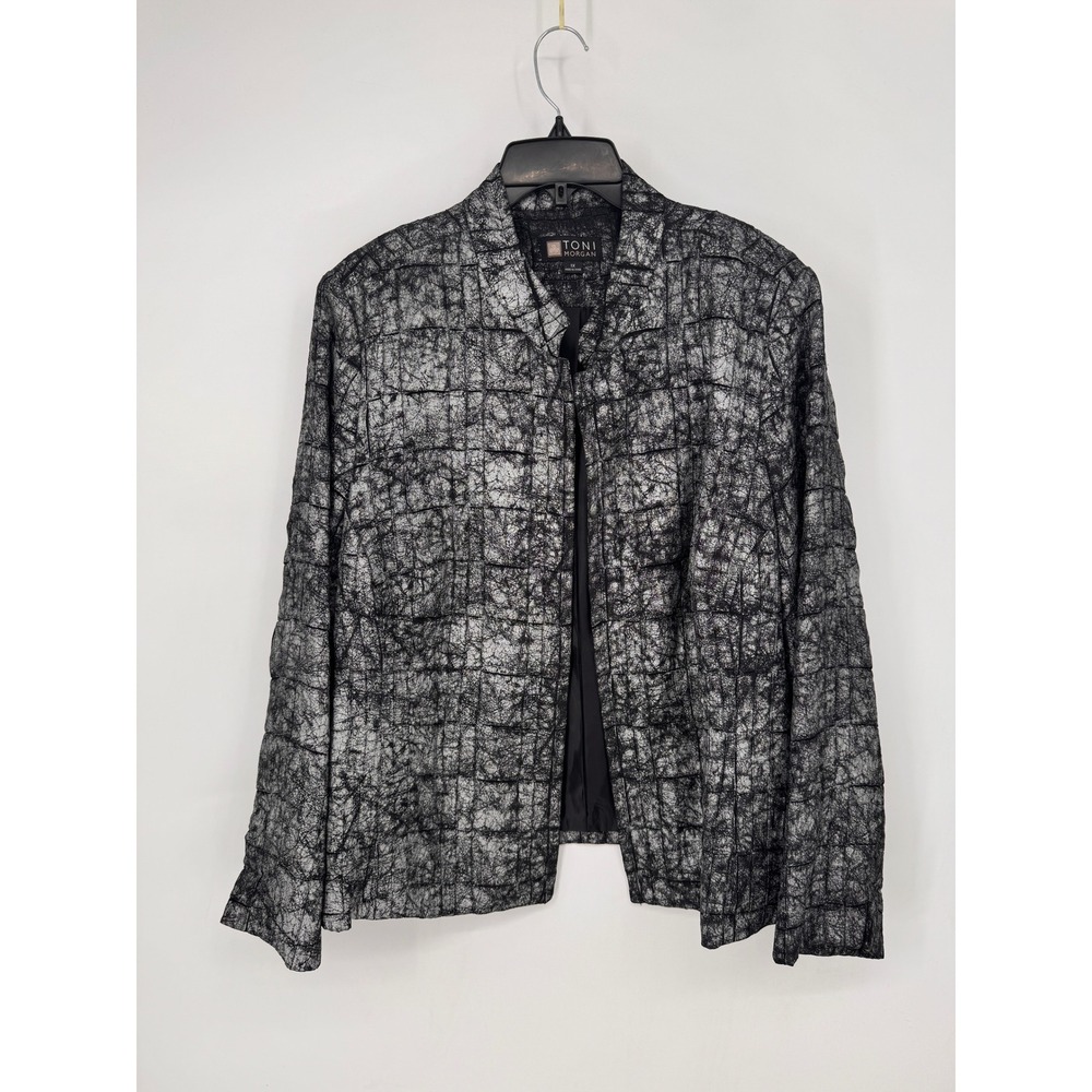 Toni Morgan Jacket Womens 1X Silver Excellent Metallic Open Front Stand Collar